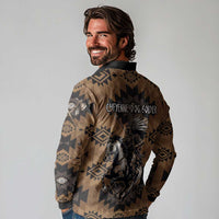 Native American Chief Warrior Long Sleeve Polo Shirt Feather Headdress and Horse Tribal Arrow Pattern - Wonder Print Shop
