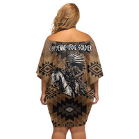 Native American Chief Warrior Off Shoulder Short Dress Feather Headdress and Horse Tribal Arrow Pattern - Wonder Print Shop