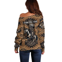Native American Chief Warrior Off Shoulder Sweater Feather Headdress and Horse Tribal Arrow Pattern - Wonder Print Shop