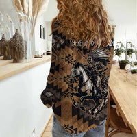 Native American Chief Warrior Women Casual Shirt Feather Headdress and Horse Tribal Arrow Pattern - Wonder Print Shop