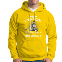 Daisy yellow auctioneer graphic hoodie with front print, white drawstrings, and kangaroo pocket.