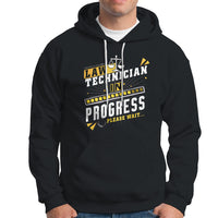 Law technician hoodie in black with front text graphic, pullover hood, kangaroo pocket.