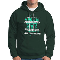 Dark forest green pullover hoodie with front pocket and graphic law-themed text print