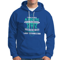 Royal blue pullover hoodie with front pocket and graphic law-themed text print