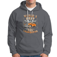 Charcoal car inspector hoodie with drawstring hood, front graphic, kangaroo pocket.