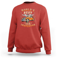 Red car inspector sweatshirt with vintage-style car graphic and text on front.
