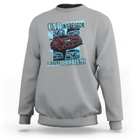 Sport gray crewneck sweatshirt with colorful car inspector graphic and slogan on chest