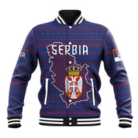Serbia Baseball Jacket with National Map and Coat of Arms Design in Blue Red Pattern