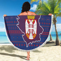 Serbia Beach Blanket with National Map and Coat of Arms Design in Blue Red Pattern