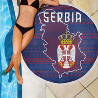 Serbia Beach Blanket with National Map and Coat of Arms Design in Blue Red Pattern
