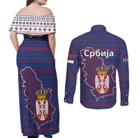 Serbia Couples Matching Off Shoulder Maxi Dress and Long Sleeve Button Shirt with National Map and Coat of Arms Design in Blue Red Pattern