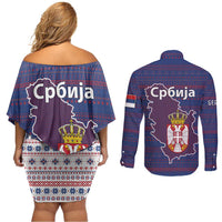Serbia Couples Matching Off Shoulder Short Dress and Long Sleeve Button Shirt with National Map and Coat of Arms Design in Blue Red Pattern