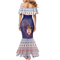 Serbia Family Matching Mermaid Dress and Hawaiian Shirt with National Map and Coat of Arms Design in Blue Red Pattern