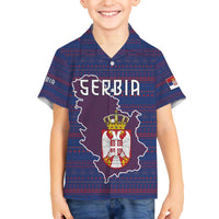 Serbia Family Matching Off The Shoulder Long Sleeve Dress and Hawaiian Shirt with National Map and Coat of Arms Design in Blue Red Pattern