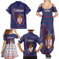 Serbia Family Matching Summer Maxi Dress and Hawaiian Shirt with National Map and Coat of Arms Design in Blue Red Pattern