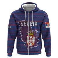 Serbia Hoodie with National Map and Coat of Arms Design in Blue Red Pattern