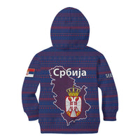 Serbia Kid Hoodie with National Map and Coat of Arms Design in Blue Red Pattern
