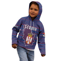 Serbia Kid Hoodie with National Map and Coat of Arms Design in Blue Red Pattern