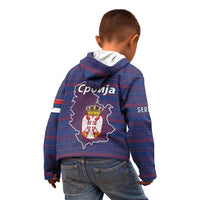 Serbia Kid Hoodie with National Map and Coat of Arms Design in Blue Red Pattern