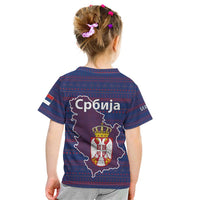 Serbia Kid T Shirt with National Map and Coat of Arms Design in Blue Red Pattern