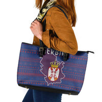 Serbia Leather Tote Bag with National Map and Coat of Arms Design in Blue Red Pattern