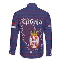 Serbia Long Sleeve Button Shirt with National Map and Coat of Arms Design in Blue Red Pattern