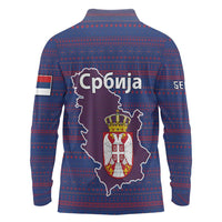 Serbia Long Sleeve Polo Shirt with National Map and Coat of Arms Design in Blue Red Pattern