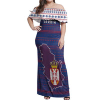 Serbia Off Shoulder Maxi Dress with National Map and Coat of Arms Design in Blue Red Pattern