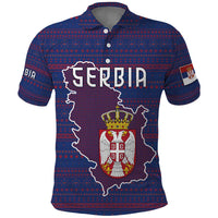 Serbia Polo Shirt with National Map and Coat of Arms Design in Blue Red Pattern