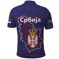 Serbia Polo Shirt with National Map and Coat of Arms Design in Blue Red Pattern