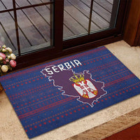 Serbia Rubber Doormat with National Map and Coat of Arms Design in Blue Red Pattern