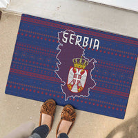 Serbia Rubber Doormat with National Map and Coat of Arms Design in Blue Red Pattern