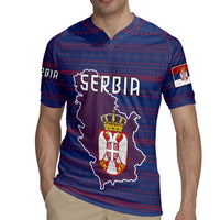 Serbia Rugby Jersey with National Map and Coat of Arms Design in Blue Red Pattern