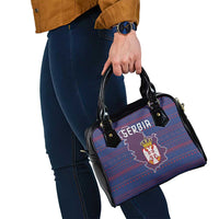 Serbia Shoulder Handbag with National Map and Coat of Arms Design in Blue Red Pattern