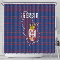 Serbia Shower Curtain with National Map and Coat of Arms Design in Blue Red Pattern