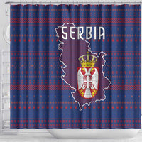 Serbia Shower Curtain with National Map and Coat of Arms Design in Blue Red Pattern