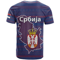 Serbia T Shirt with National Map and Coat of Arms Design in Blue Red Pattern