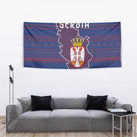 Serbia Tapestry with National Map and Coat of Arms Design in Blue Red Pattern
