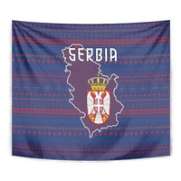 Serbia Tapestry with National Map and Coat of Arms Design in Blue Red Pattern