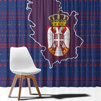 Serbia Window Curtain with National Map and Coat of Arms Design in Blue Red Pattern