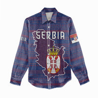 Serbia Women Casual Shirt with National Map and Coat of Arms Design in Blue Red Pattern