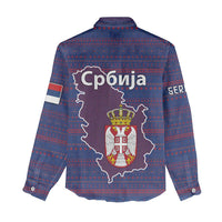 Serbia Women Casual Shirt with National Map and Coat of Arms Design in Blue Red Pattern