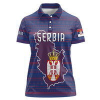 Serbia Women Polo Shirt with National Map and Coat of Arms Design in Blue Red Pattern