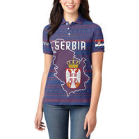 Serbia Women Polo Shirt with National Map and Coat of Arms Design in Blue Red Pattern