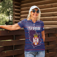 Serbia Women Polo Shirt with National Map and Coat of Arms Design in Blue Red Pattern