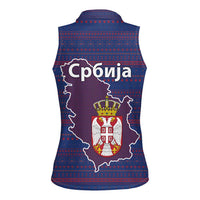 Serbia Women Sleeveless Polo Shirt with National Map and Coat of Arms Design in Blue Red Pattern
