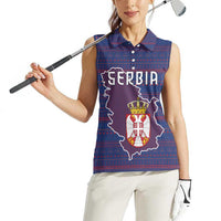 Serbia Women Sleeveless Polo Shirt with National Map and Coat of Arms Design in Blue Red Pattern