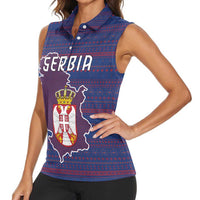 Serbia Women Sleeveless Polo Shirt with National Map and Coat of Arms Design in Blue Red Pattern