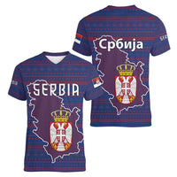 Serbia Women V-Neck T-Shirt with National Map and Coat of Arms Design in Blue Red Pattern