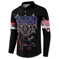 Serbia Button Sweatshirt with Wolf Head Graphic, Howling Wolf, and National Flag Stripes